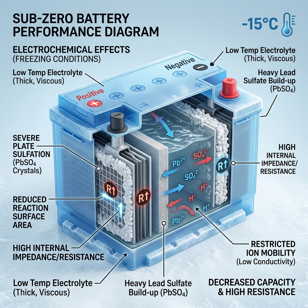 Diagram showing electrochemical effects, sulfation, and high resistance in a lead-acid battery at -15 degrees Celsius. (Representative image for illustration purposes only. Actual vehicle may vary based on trim and configuration.)