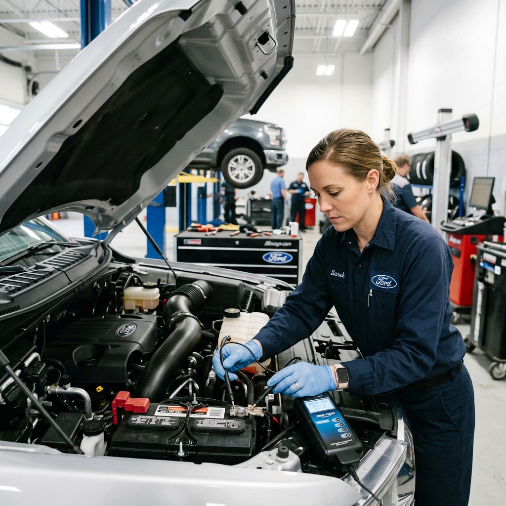 Female Ford technician wearing blue gloves tests a car battery with a diagnostic tool under an open hood. (Representative image for illustration purposes only. Actual vehicle may vary based on trim and configuration.)