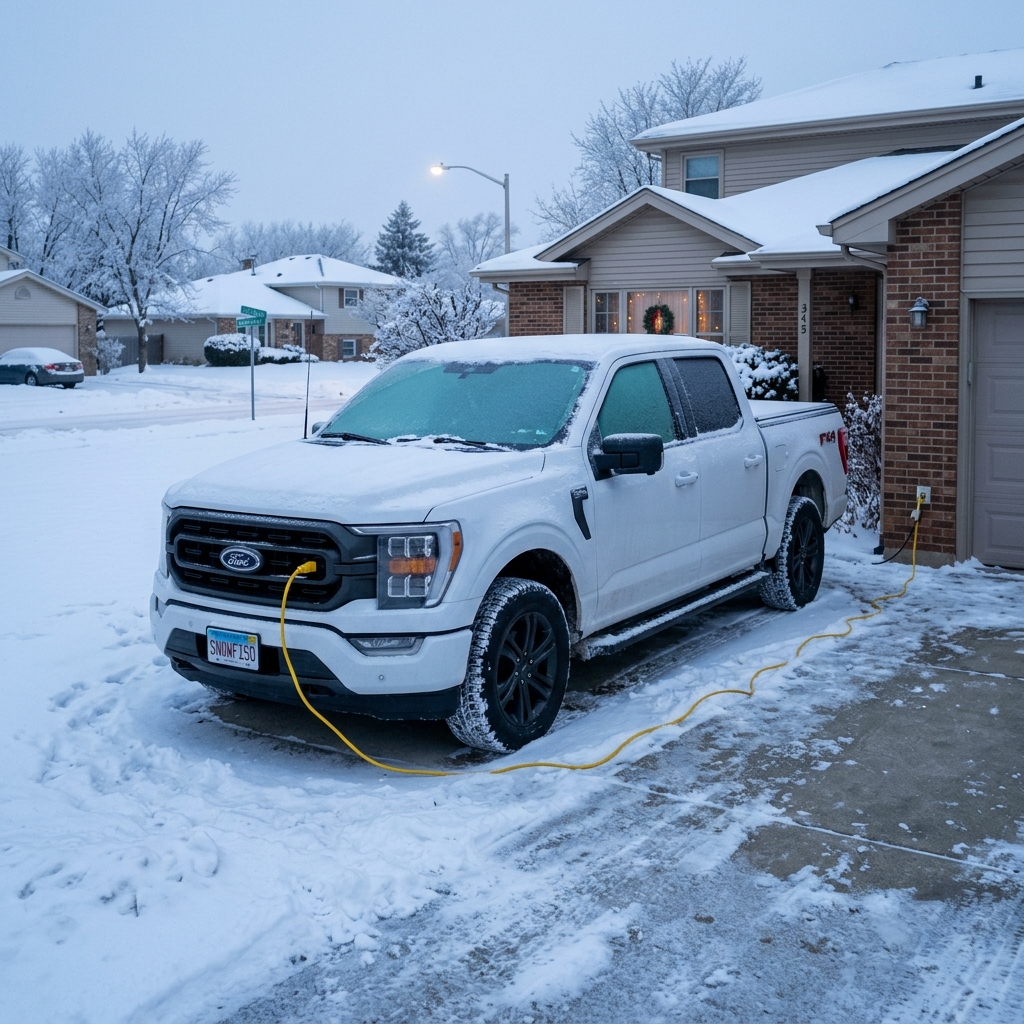 A white Ford F-150 truck parked in a snowy suburban driveway, plugged into an exterior house outlet with a yellow cord. (Representative image for illustration purposes only. Actual vehicle may vary based on trim and configuration.)