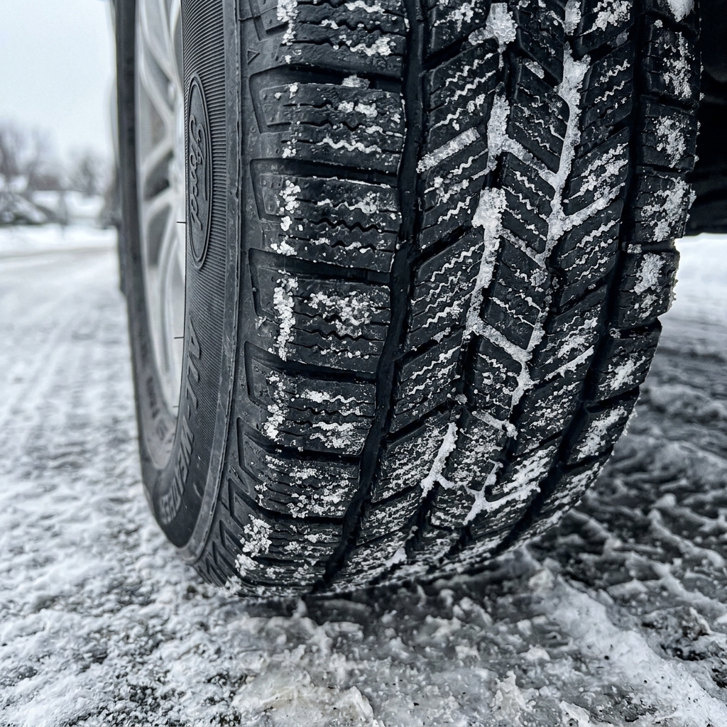 Close-up of an all-weather car tire with snow packed in its tread resting on a snowy road. (Representative image for illustration purposes only. Actual vehicle may vary based on trim and configuration.)