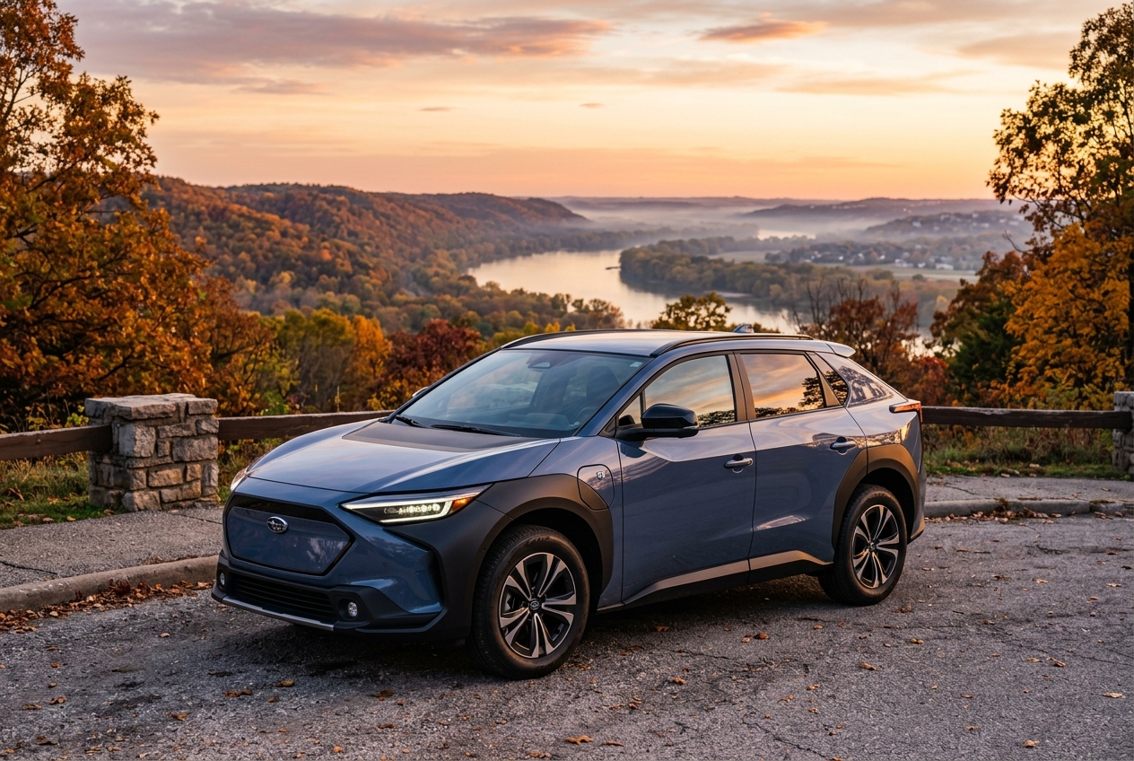 Blue Subaru Solterra electric SUV parked at a scenic overlook above a river valley surrounded by autumn foliage. (Representative image for illustration purposes only. Actual vehicle may vary based on trim and configuration.)