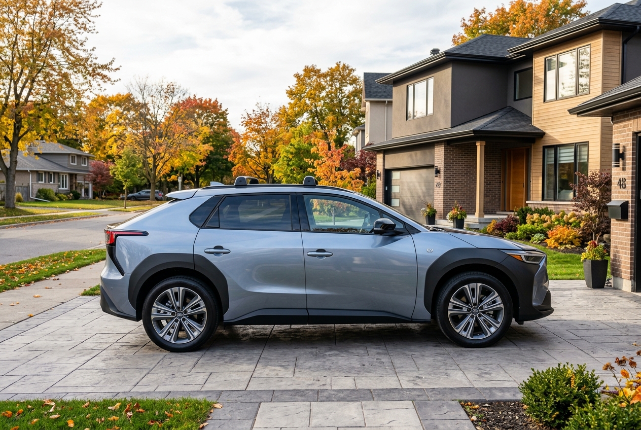 Side profile of a silver electric CUV parked on a stamped concrete driveway in front of a modern suburban home in autumn. (Representative image for illustration purposes only. Actual vehicle may vary based on trim and configuration.)
