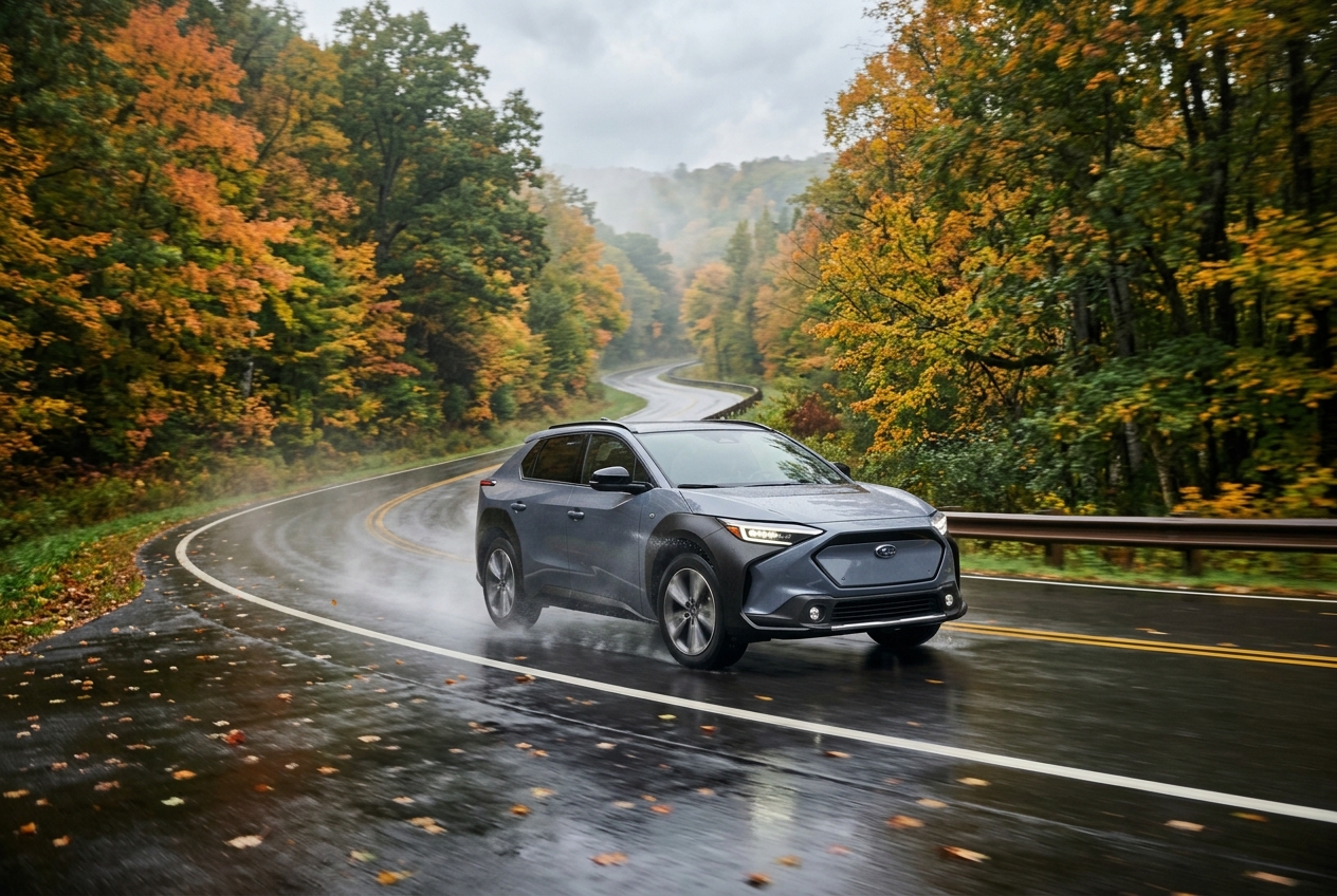 A gray Subaru Solterra electric SUV driving along a wet, curving forest road lined with vibrant autumn foliage. (Representative image for illustration purposes only. Actual vehicle may vary based on trim and configuration.)
