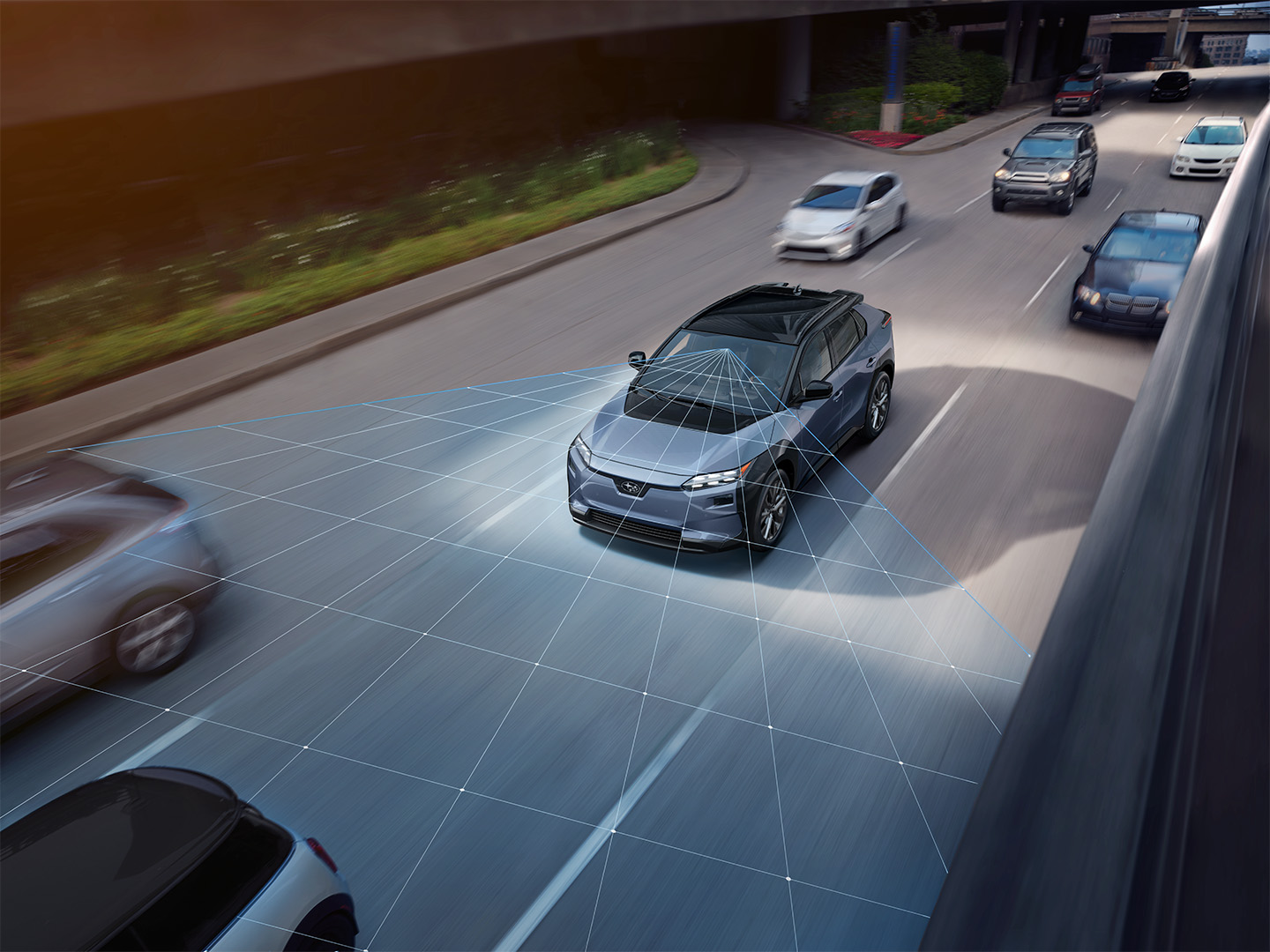A blue Subaru EV driving on a highway with a blue digital grid projecting from its windshield sensors.