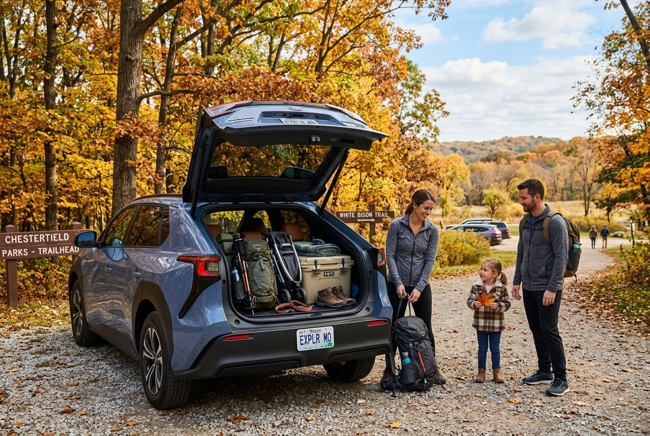 A family stands next to a blue SUV with its open trunk packed with gear at an autumn trailhead. (Representative image for illustration purposes only. Actual vehicle may vary based on trim and configuration.)