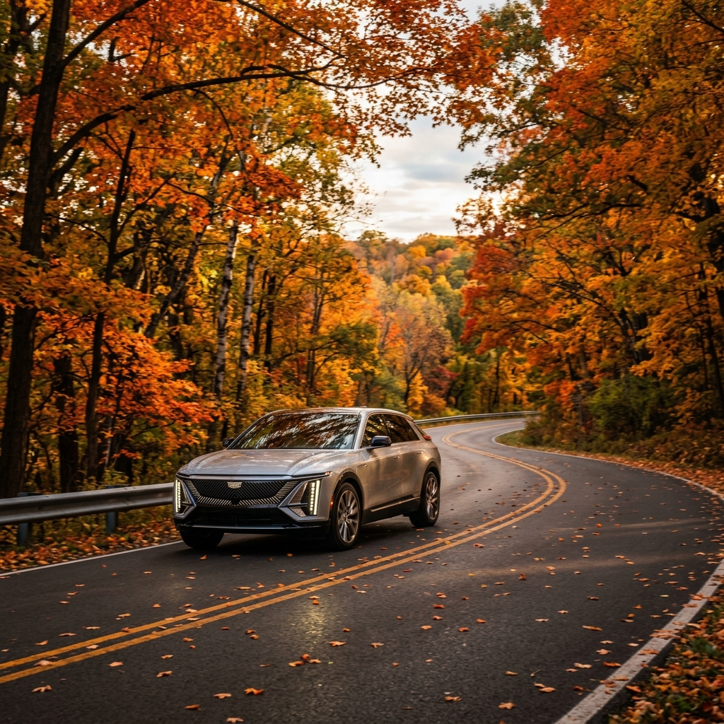 A silver Cadillac electric SUV driving down a winding road surrounded by colorful orange autumn trees. (Representative image for illustration purposes only. Actual vehicle may vary based on trim and configuration.)