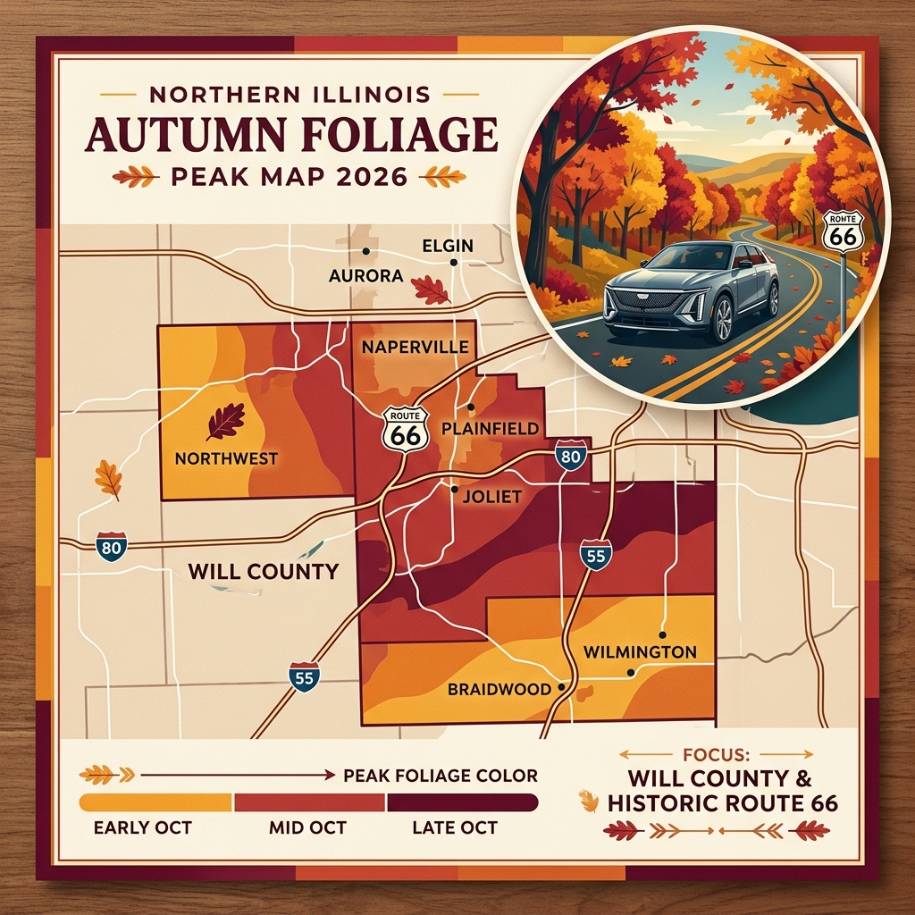 Northern Illinois autumn foliage peak map for 2026 showing Will County and Historic Route 66 fall color timing. (Representative image for illustration purposes only. Actual vehicle may vary based on trim and configuration.)