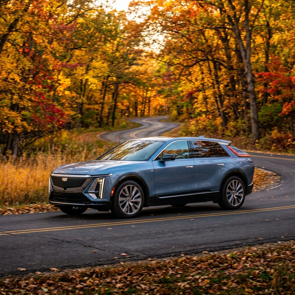 Light blue Cadillac Lyriq electric SUV driving on a winding road framed by vibrant autumn tree foliage. (Representative image for illustration purposes only. Actual vehicle may vary based on trim and configuration.)