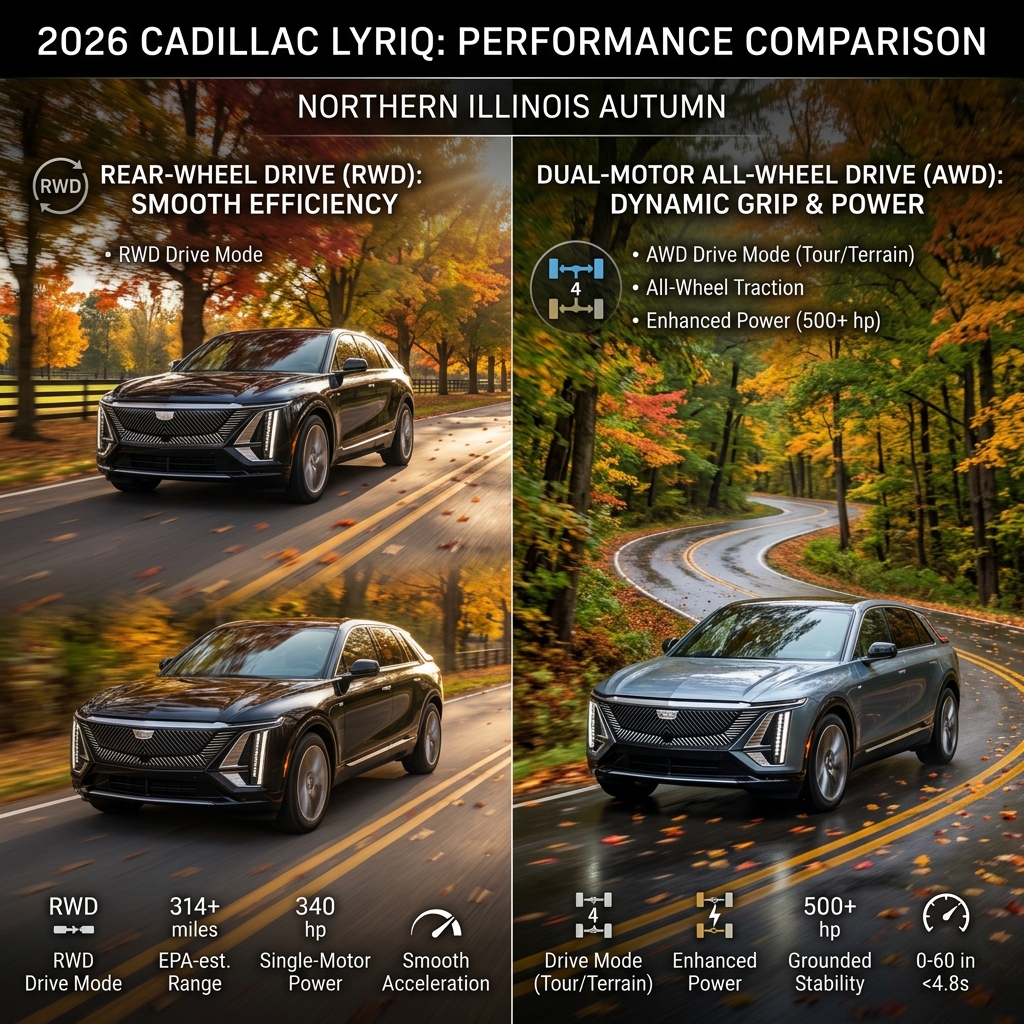 Infographic comparing RWD and AWD performance specifications for the 2026 Cadillac Lyriq set in an autumn landscape. (Representative image for illustration purposes only. Actual vehicle may vary based on trim and configuration.)