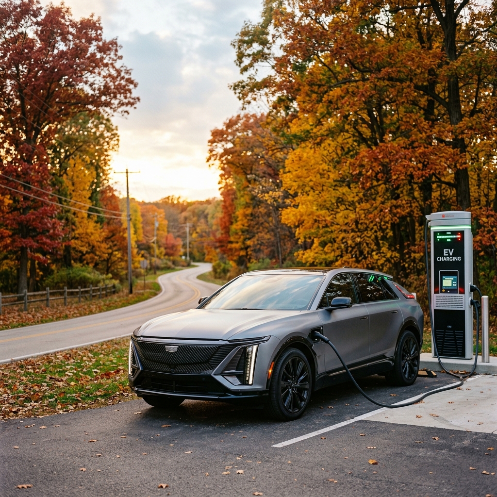 A matte gray Cadillac Lyriq EV plugged into an electric vehicle charger along a scenic road with vibrant autumn trees. (Representative image for illustration purposes only. Actual vehicle may vary based on trim and configuration.)