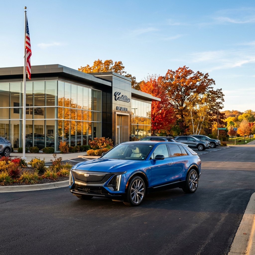A vibrant blue Cadillac Lyriq parked in front of a modern dealership building framed by autumn trees. (Representative image for illustration purposes only. Actual vehicle may vary based on trim and configuration.)
