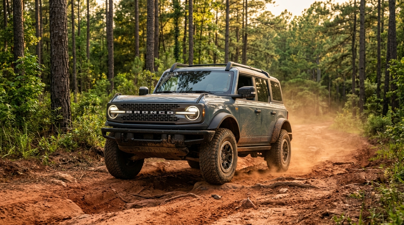 A grey Ford Bronco off-roading down a dusty red dirt trail surrounded by tall pine trees. (Representative image for illustration purposes only. Actual vehicle may vary based on trim and configuration.)
