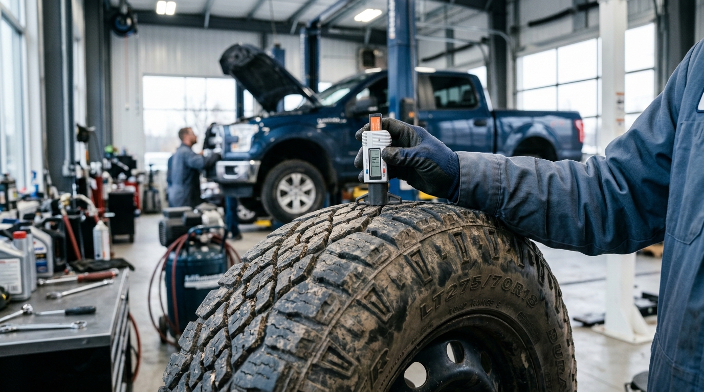 Auto mechanic measuring tire tread depth with a digital gauge in a service garage. (Representative image for illustration purposes only. Actual vehicle may vary based on trim and configuration.)