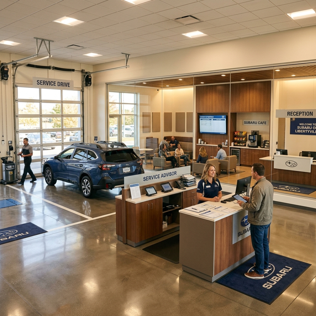 A customer interacts with a service advisor at a Subaru dealership while a blue SUV sits in the service drive. (Representative image for illustration purposes only. Actual vehicle may vary based on trim and configuration.)