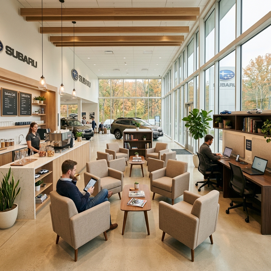 Modern Subaru dealership lounge featuring a cafe, comfortable seating, work desks, and cars visible in the background. (Representative image for illustration purposes only. Actual vehicle may vary based on trim and configuration.)