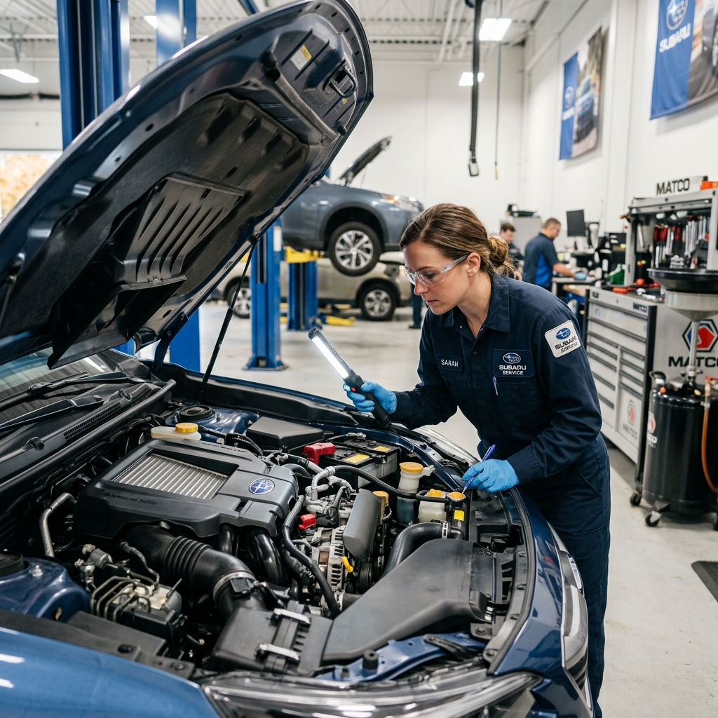 Female mechanic inspecting a Subaru car engine with a light in a professional auto repair shop. (Representative image for illustration purposes only. Actual vehicle may vary based on trim and configuration.)
