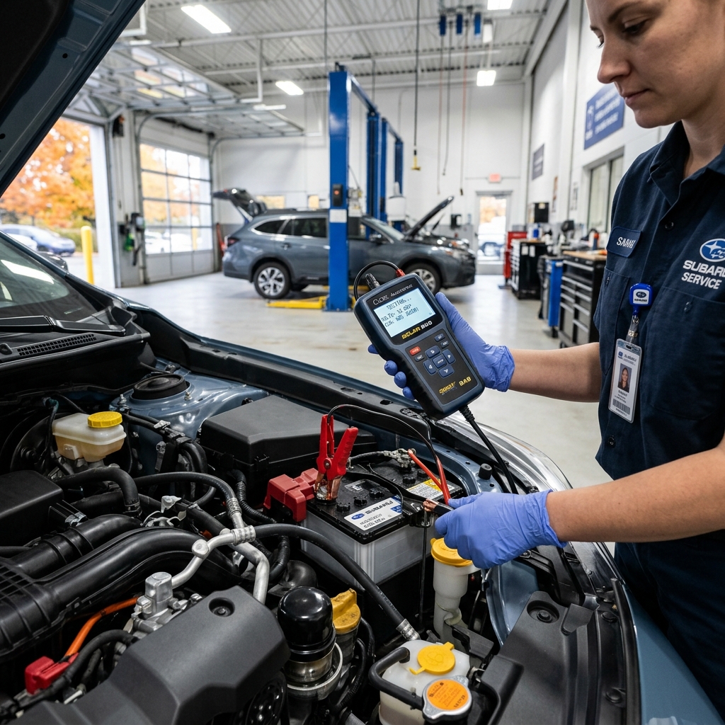 A Subaru service technician wearing blue gloves uses a digital diagnostic tool to test a car battery. (Representative image for illustration purposes only. Actual vehicle may vary based on trim and configuration.)