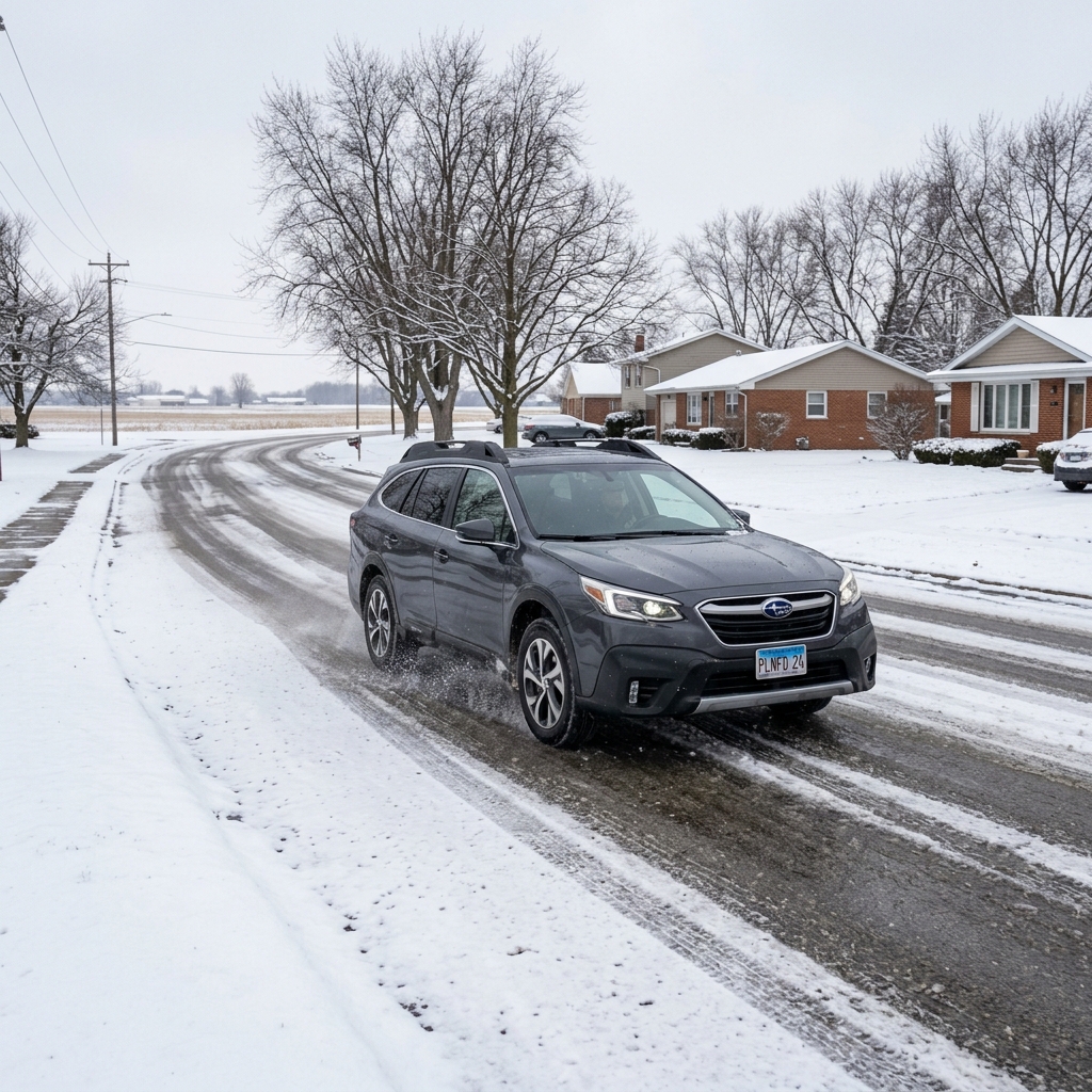 A dark grey Subaru Outback drives along a slush-covered residential road on a wintry, overcast day. (Representative image for illustration purposes only. Actual vehicle may vary based on trim and configuration.)