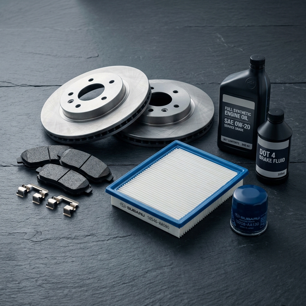 OEM Subaru maintenance parts including brake rotors, brake pads, air filter, oil filter, engine oil, and brake fluid. (Representative image for illustration purposes only. Actual vehicle may vary based on trim and configuration.)
