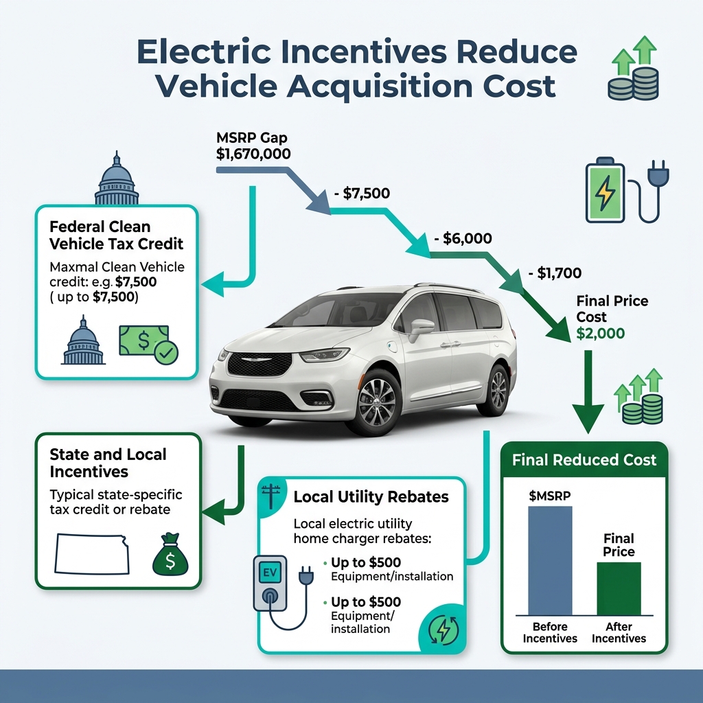 Infographic displaying federal, state, and utility incentives reducing the acquisition cost of an electric vehicle. (Representative image for illustration purposes only. Actual vehicle may vary based on trim and configuration.)