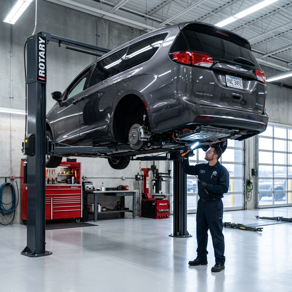Mechanic inspecting the undercarriage of a dark gray minivan elevated on a hydraulic two-post lift in a service shop. (Representative image for illustration purposes only. Actual vehicle may vary based on trim and configuration.)