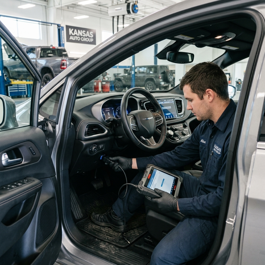 An auto mechanic plugging a diagnostic scanner into a Chrysler minivan dashboard inside a repair shop. (Representative image for illustration purposes only. Actual vehicle may vary based on trim and configuration.)