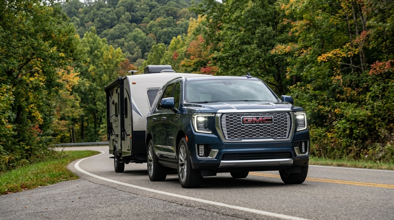 A dark blue GMC Yukon Denali towing a camper trailer along a winding road surrounded by autumnal trees. (Representative image for illustration purposes only. Actual vehicle may vary based on trim and configuration.)