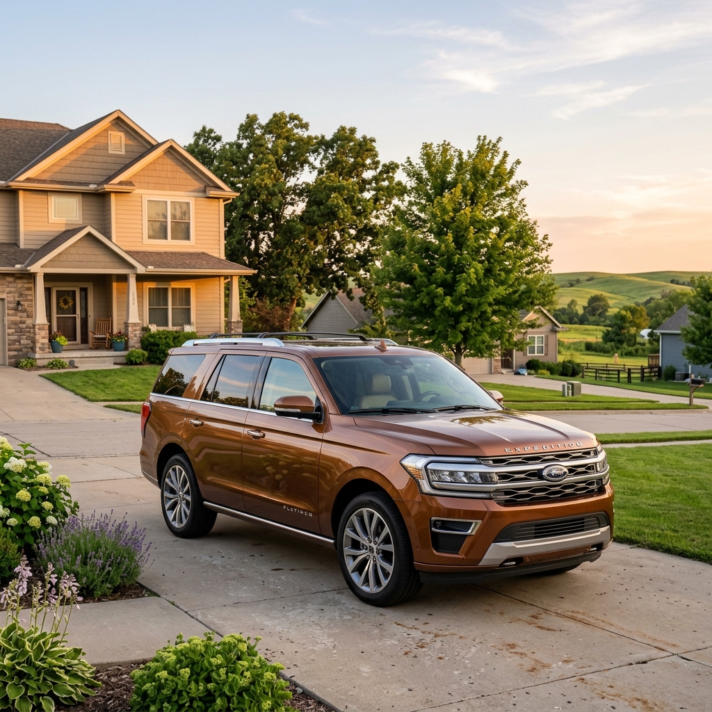 A bronze Ford Expedition SUV parked in the concrete driveway of a two-story suburban home at sunset. (Representative image for illustration purposes only. Actual vehicle may vary based on trim and configuration.)