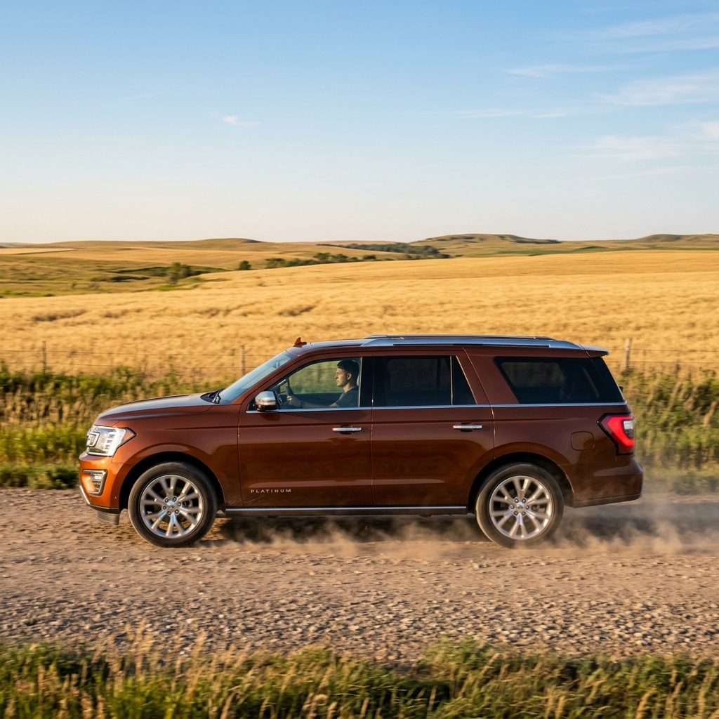 Profile view of a bronze Ford Expedition SUV driving along a dusty dirt road past golden country fields. (Representative image for illustration purposes only. Actual vehicle may vary based on trim and configuration.)