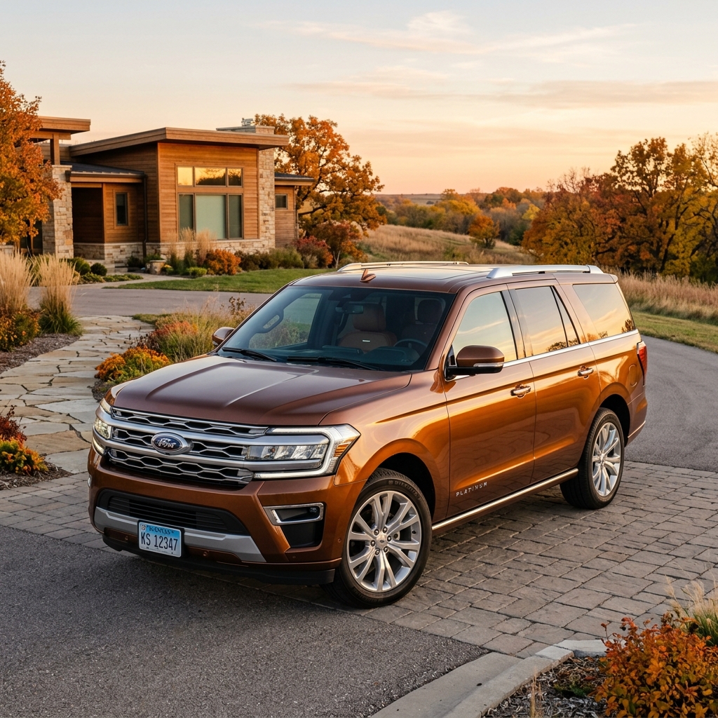 Bronze Ford Expedition Platinum SUV parked on a paved driveway in front of a modern home at sunset. (Representative image for illustration purposes only. Actual vehicle may vary based on trim and configuration.)