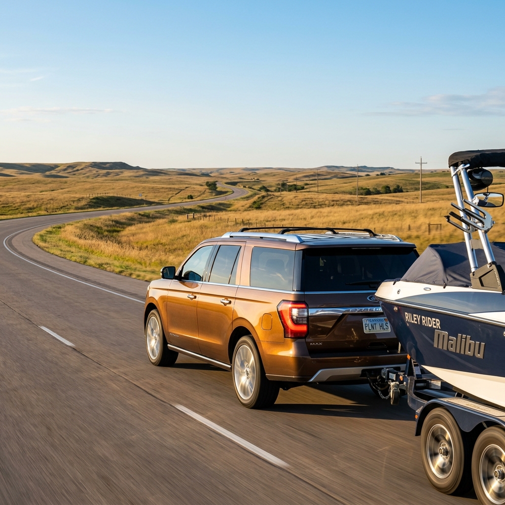 Bronze Ford Expedition SUV towing a blue Malibu boat along a winding two-lane highway through rolling hills. (Representative image for illustration purposes only. Actual vehicle may vary based on trim and configuration.)