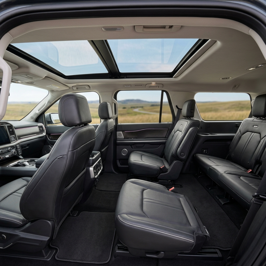 Wide interior view of a luxury three-row SUV featuring black leather seating and a large dual-pane panoramic sunroof. (Representative image for illustration purposes only. Actual vehicle may vary based on trim and configuration.)