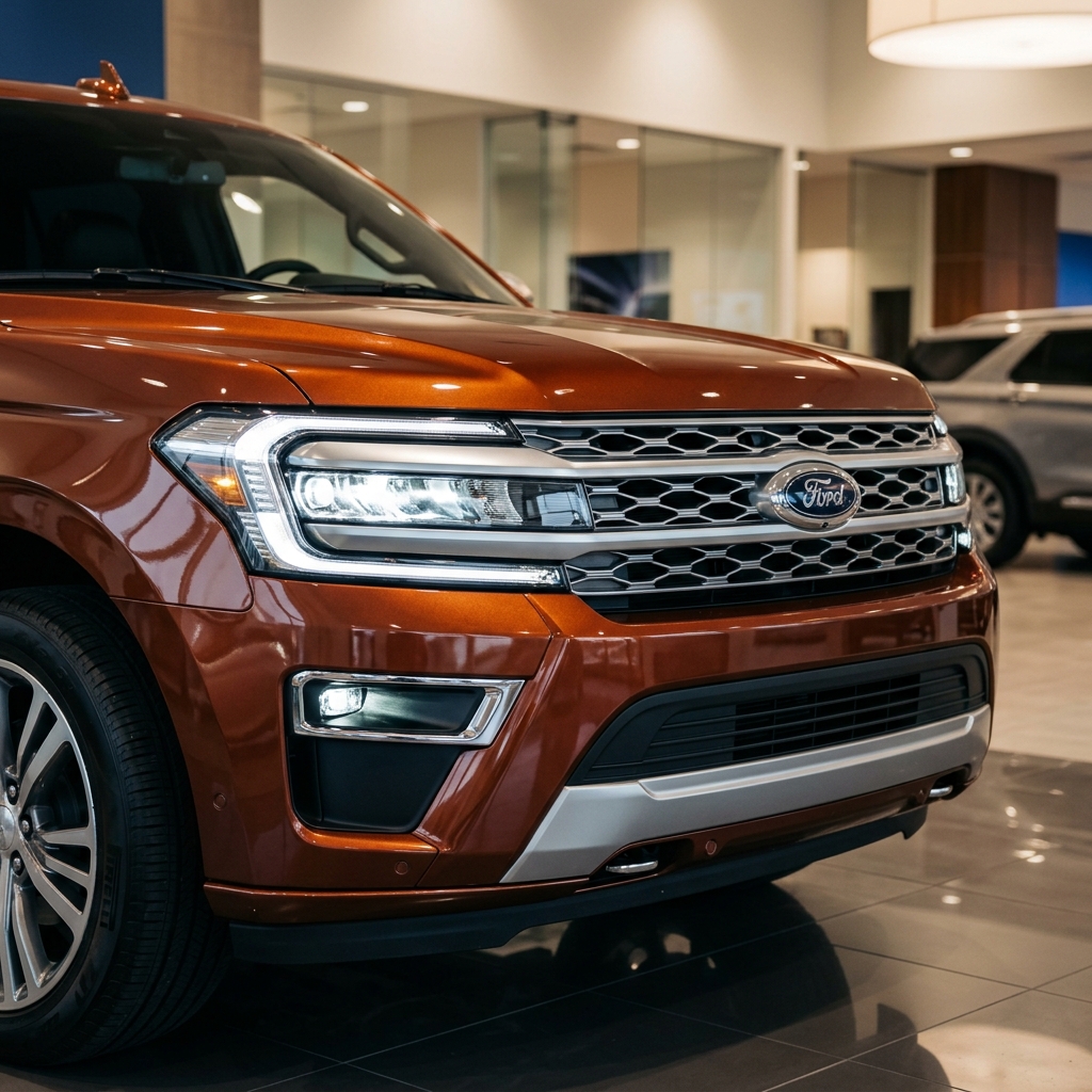 Front view of a metallic copper Ford SUV with bright LED headlights parked inside a dealership showroom. (Representative image for illustration purposes only. Actual vehicle may vary based on trim and configuration.)