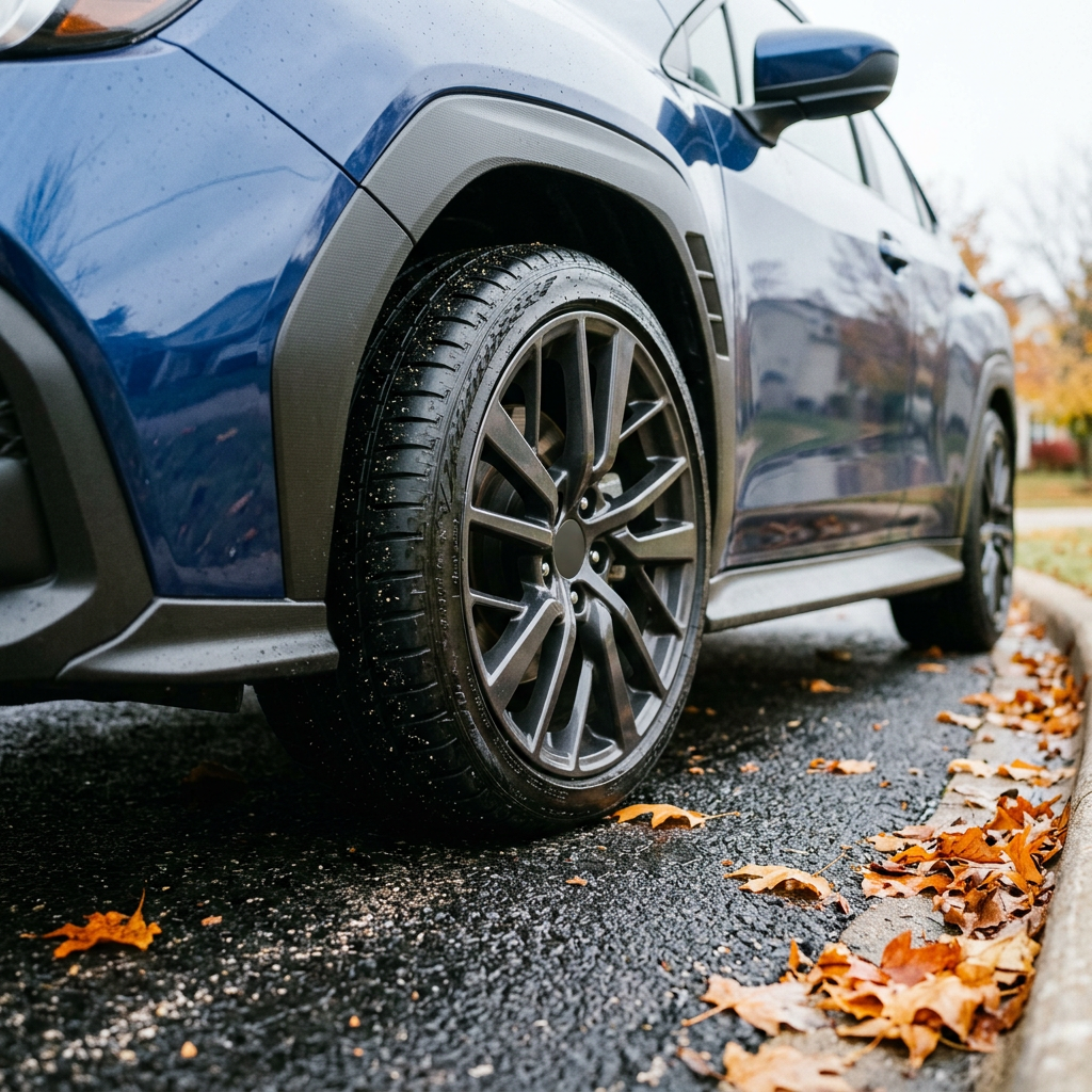 Low-angle view of a blue car's dark wheel parked on a wet street next to autumn leaves along a curb. (Representative image for illustration purposes only. Actual vehicle may vary based on trim and configuration.)