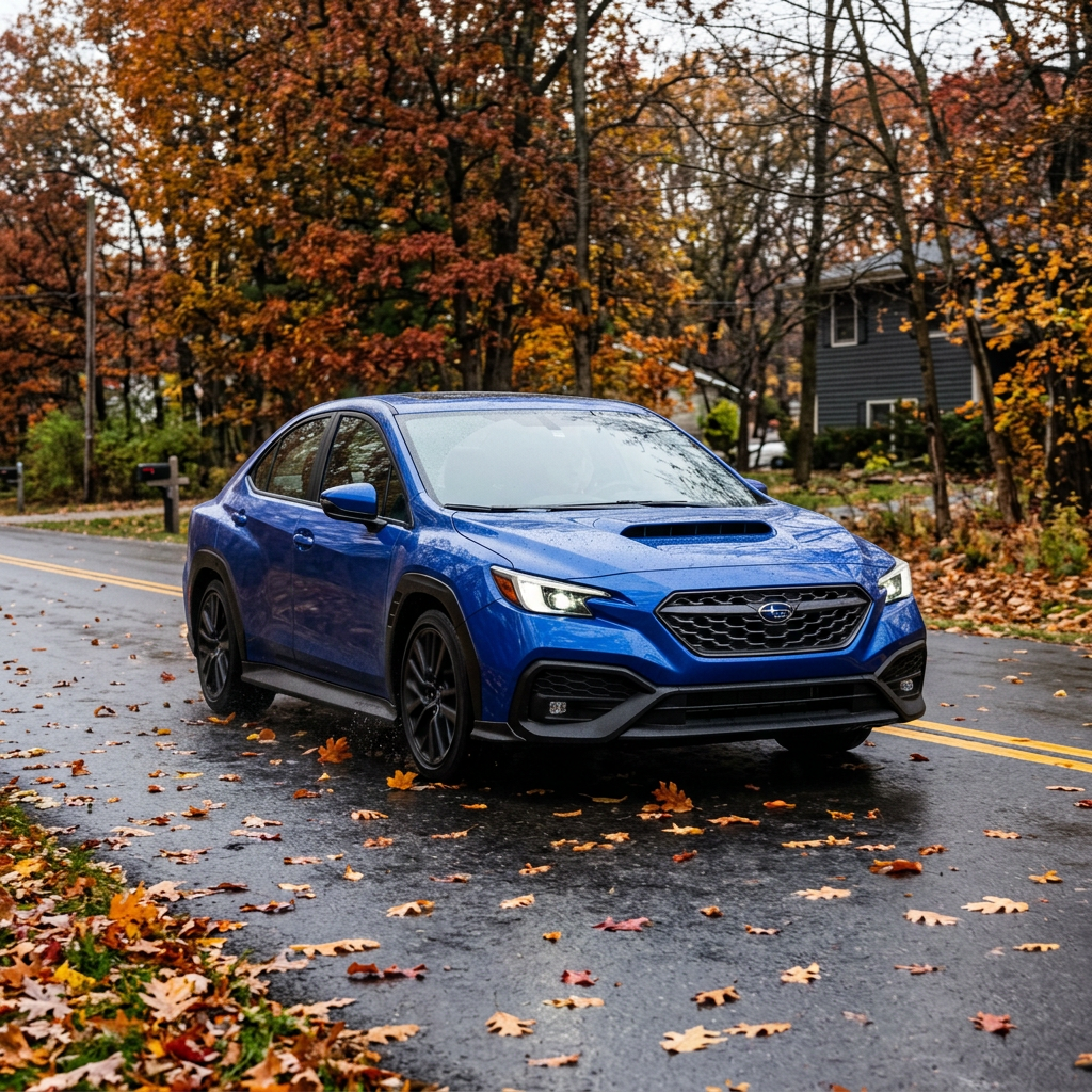 A blue Subaru WRX driving on a wet street scattered with fallen autumn leaves. (Representative image for illustration purposes only. Actual vehicle may vary based on trim and configuration.)