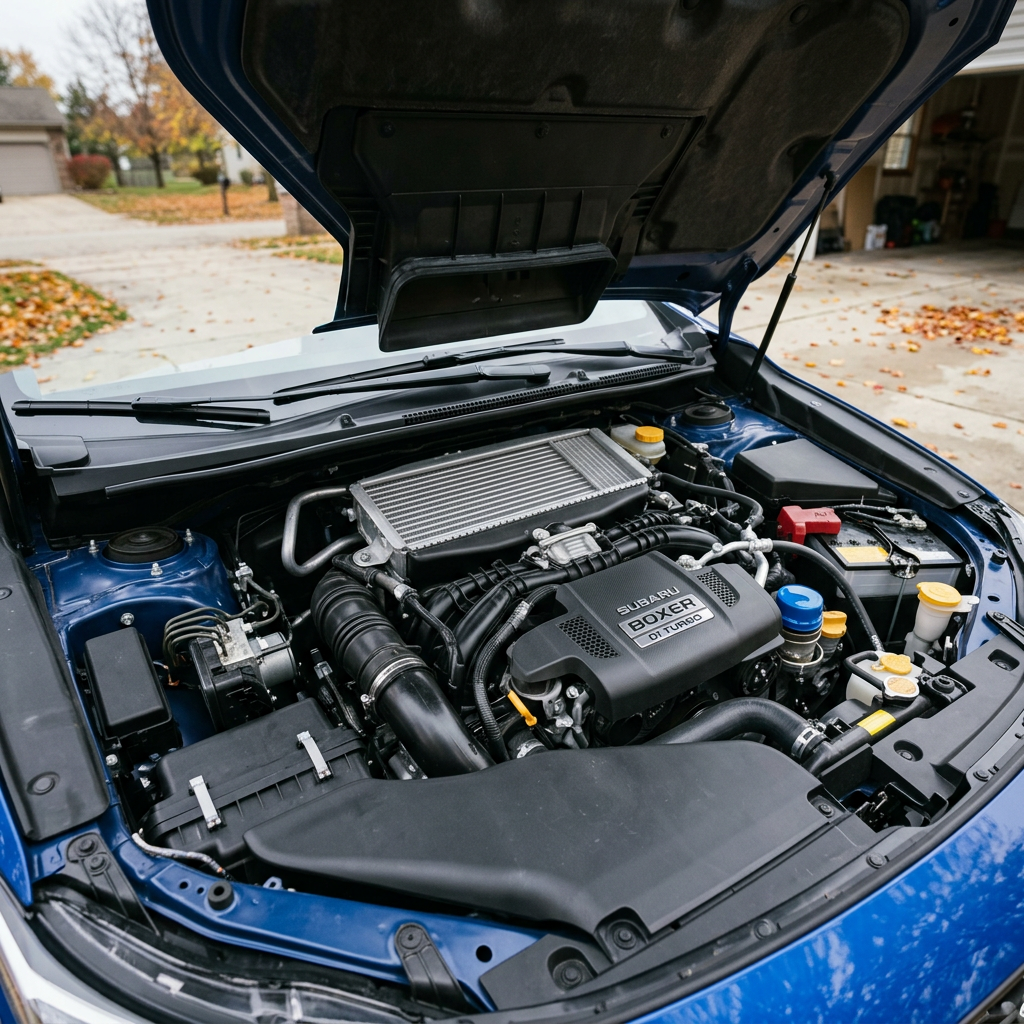 Open hood of a blue Subaru vehicle displaying a clean Subaru Boxer DIT Turbo engine bay. (Representative image for illustration purposes only. Actual vehicle may vary based on trim and configuration.)