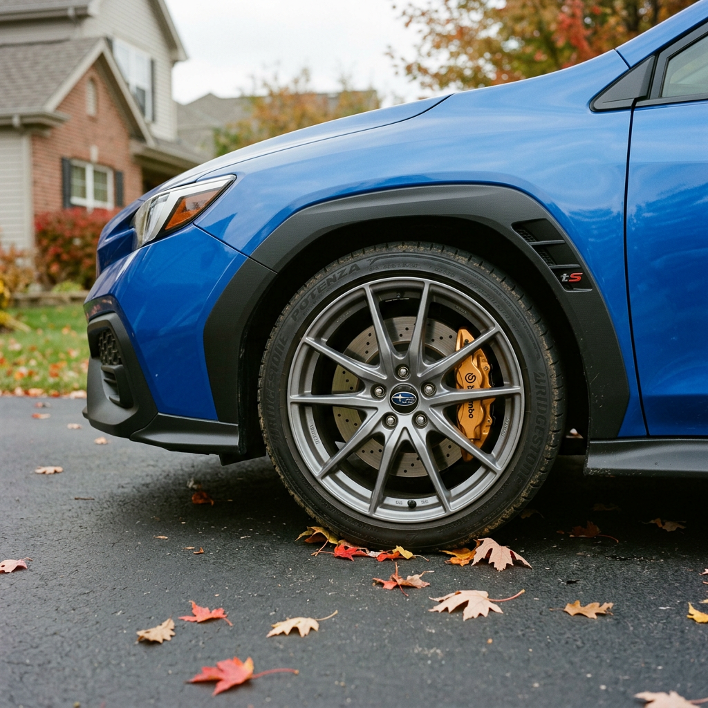 Blue Subaru WRX tS front wheel with grey multi-spoke rim, gold Brembo brake caliper, and autumn leaves on the ground. (Representative image for illustration purposes only. Actual vehicle may vary based on trim and configuration.)