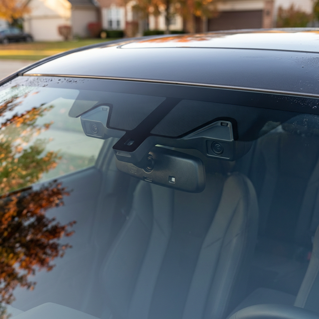 Close-up of a triple-camera driver assistance system mounted inside the top of a car windshield above the rearview mirror. (Representative image for illustration purposes only. Actual vehicle may vary based on trim and configuration.)
