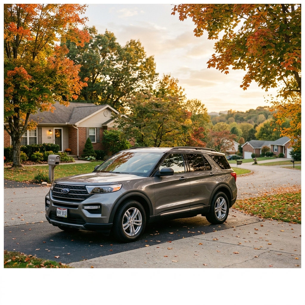 A grey Ford Explorer parked on a paved suburban driveway surrounded by colorful autumn trees. (Representative image for illustration purposes only. Actual vehicle may vary based on trim and configuration.)