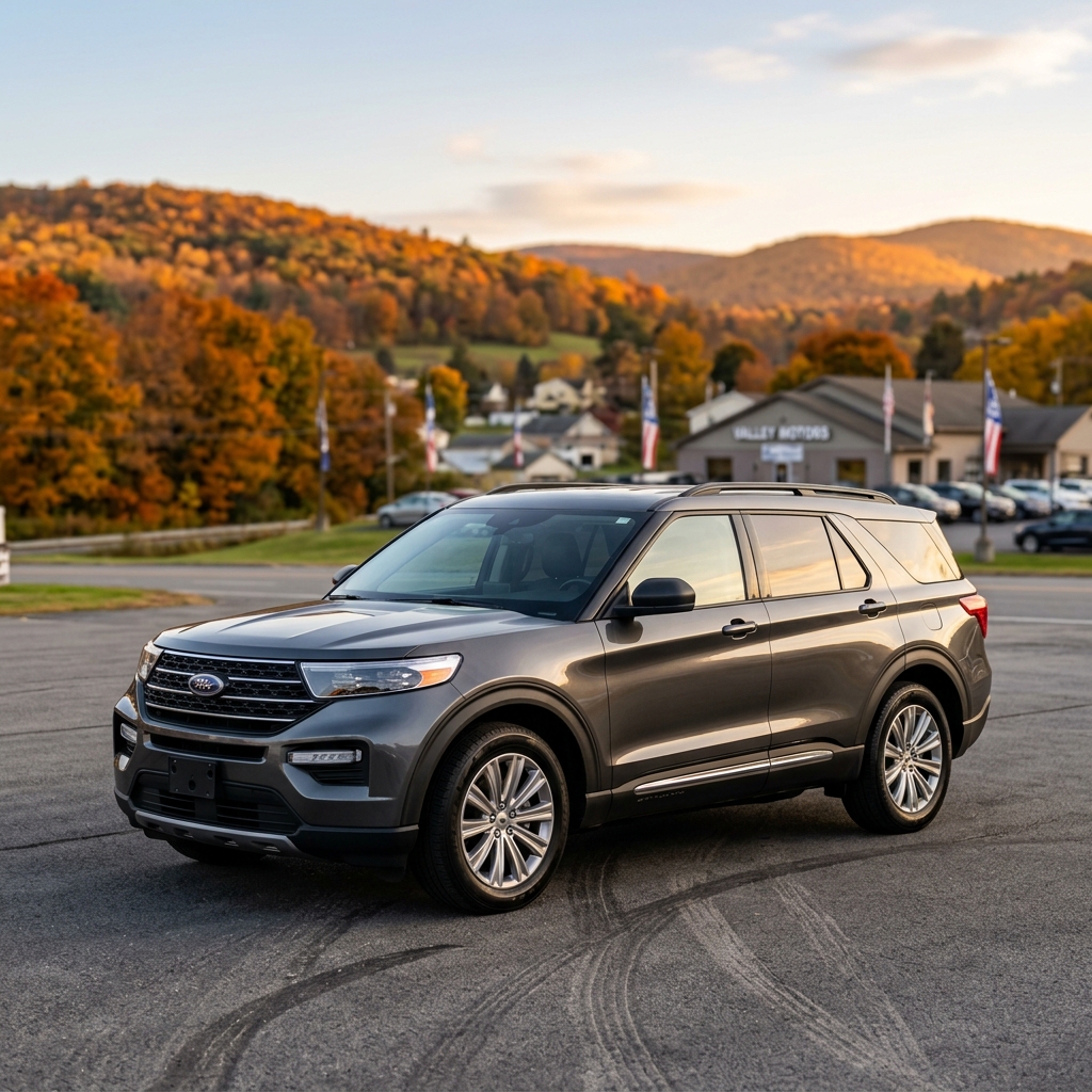 Dark grey Ford Explorer SUV parked outdoors against a scenic background of autumn mountains and golden sunlight. (Representative image for illustration purposes only. Actual vehicle may vary based on trim and configuration.)