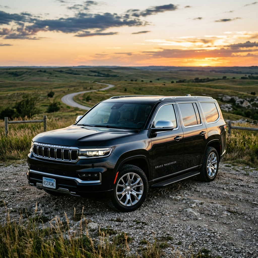 A black Grand Wagoneer SUV parked on a gravel path overlooking rolling green hills at sunset. (Representative image for illustration purposes only. Actual vehicle may vary based on trim and configuration.)