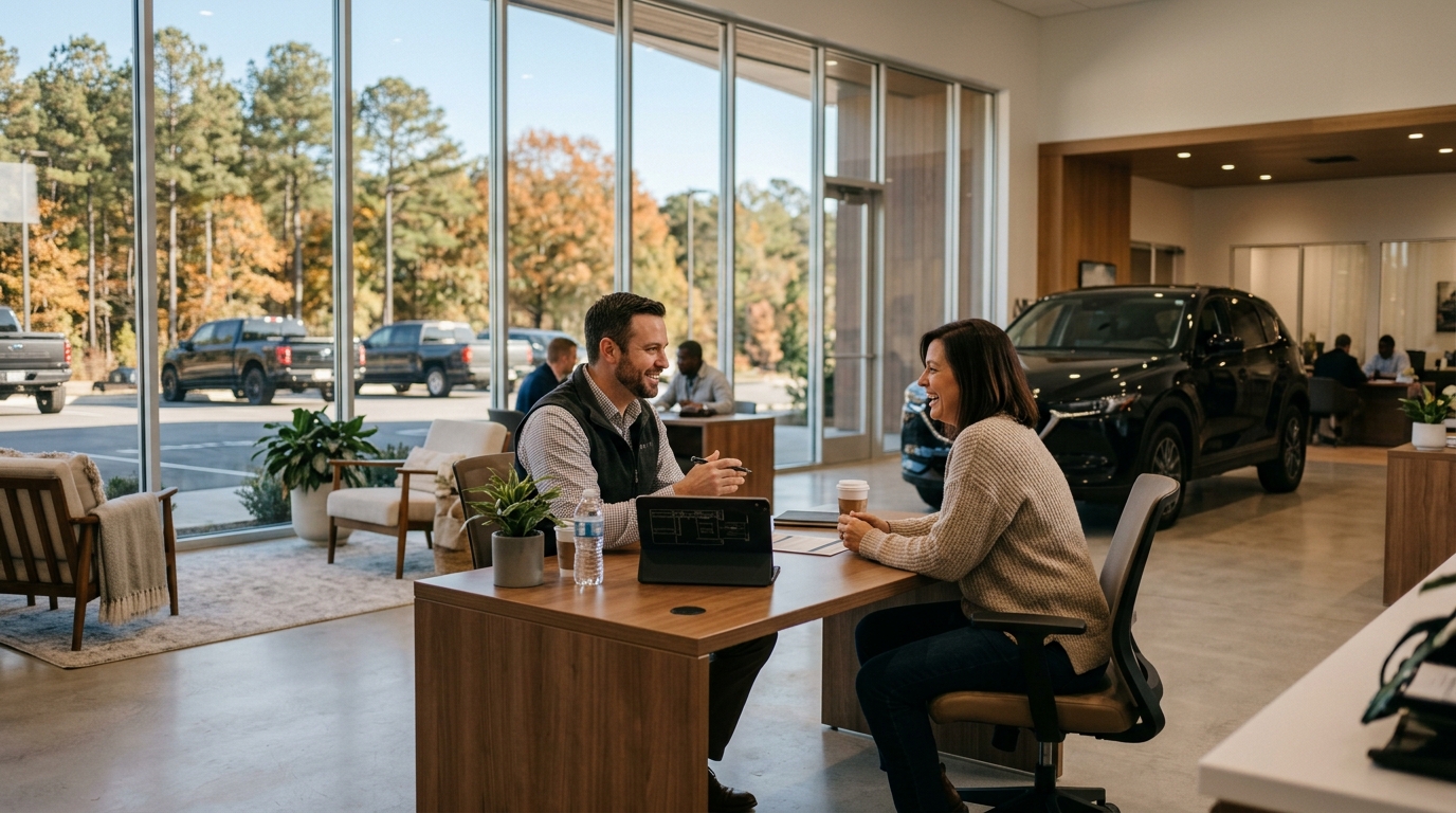 A car salesman smiling and talking with a female customer seated at a desk in a bright car dealership showroom. (Representative image for illustration purposes only. Actual vehicle may vary based on trim and configuration.)