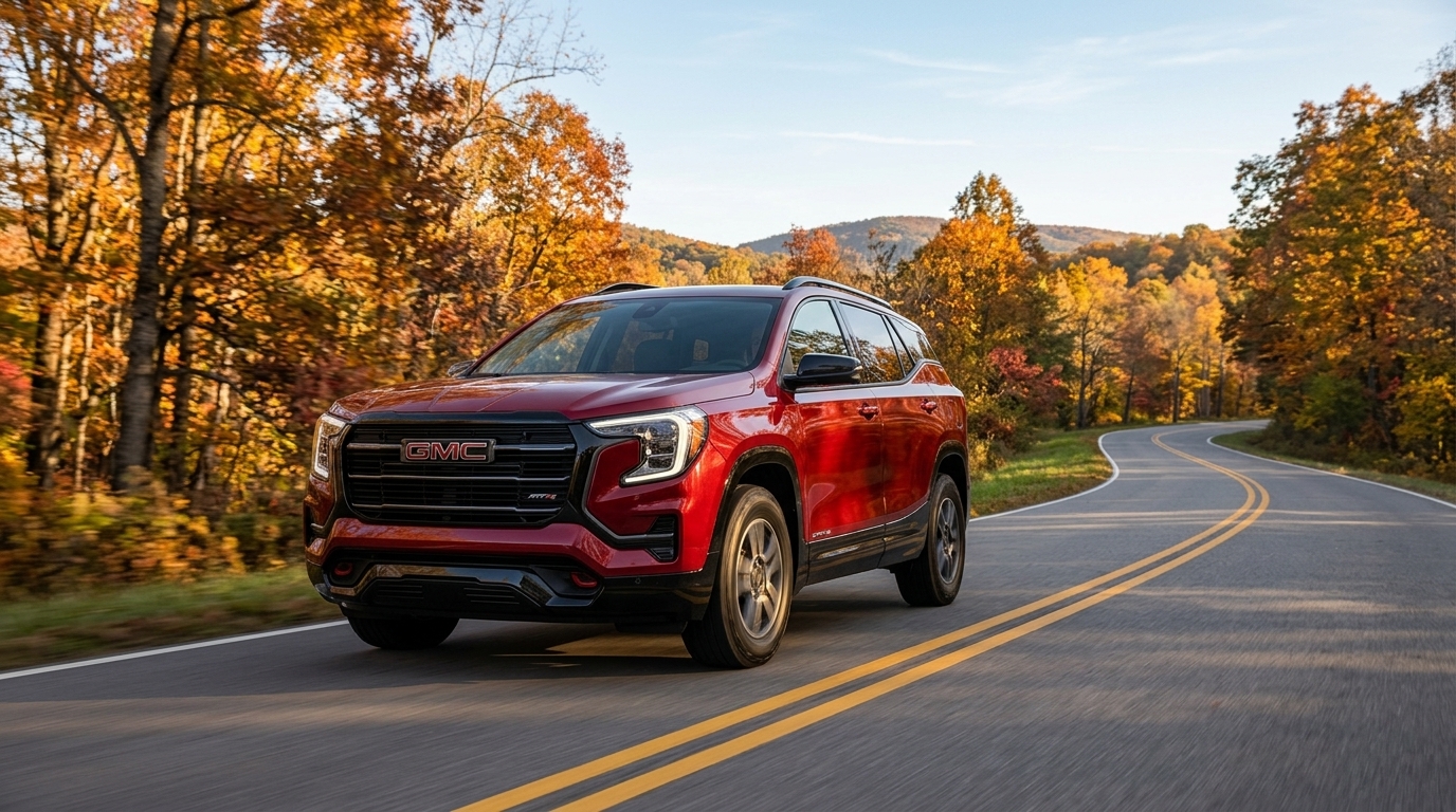 Red GMC SUV driving along a winding asphalt road surrounded by colorful autumn trees. (Representative image for illustration purposes only. Actual vehicle may vary based on trim and configuration.)