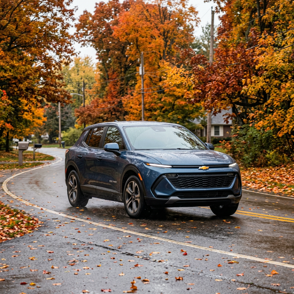 A metallic blue Chevy SUV driving along a winding road surrounded by vibrant autumn trees and fallen leaves. (Representative image for illustration purposes only. Actual vehicle may vary based on trim and configuration.)