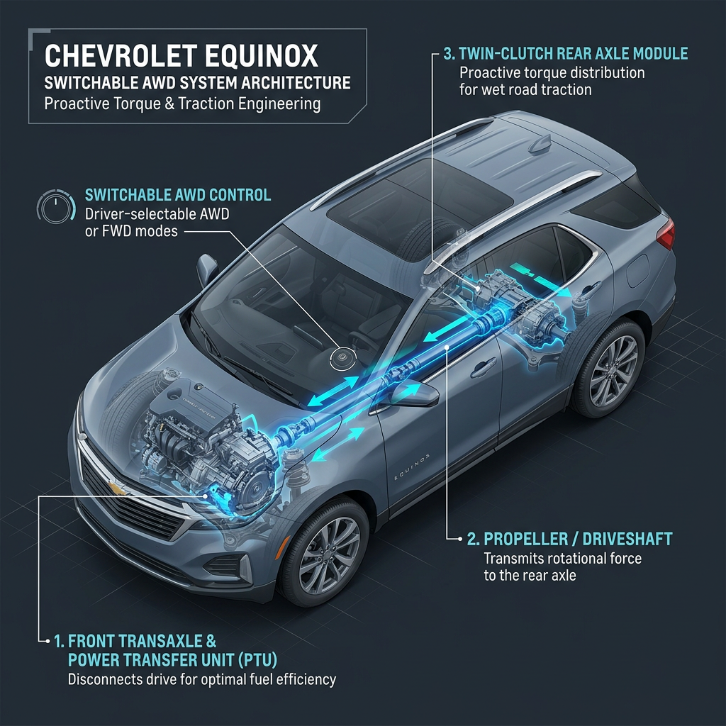 Technical diagram of Chevrolet Equinox AWD system showing transaxle, driveshaft, and rear axle module. (Representative image for illustration purposes only. Actual vehicle may vary based on trim and configuration.)