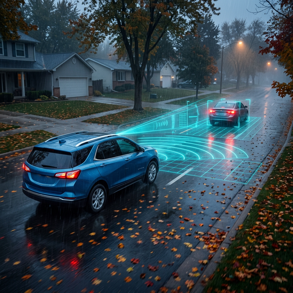 A blue SUV uses digital radar sensors to track a car ahead on a rainy suburban street covered in autumn leaves. (Representative image for illustration purposes only. Actual vehicle may vary based on trim and configuration.)