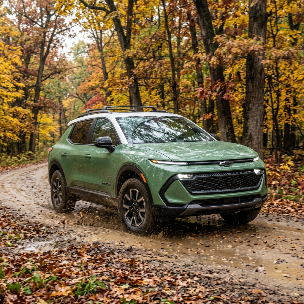 Green Chevrolet SUV driving on a muddy dirt road through an autumn forest. (Representative image for illustration purposes only. Actual vehicle may vary based on trim and configuration.)