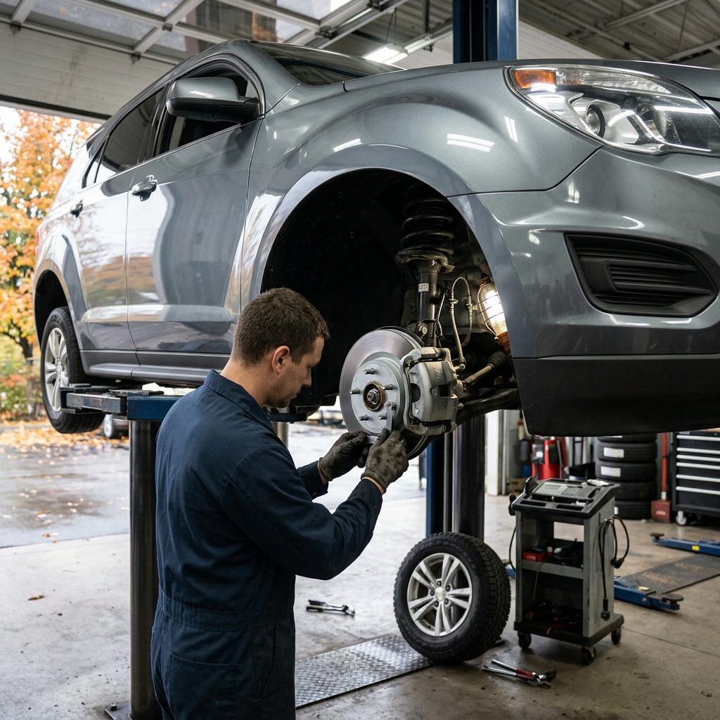 Mechanic inspecting a front brake rotor on a gray SUV raised on a hydraulic lift in an auto repair shop. (Representative image for illustration purposes only. Actual vehicle may vary based on trim and configuration.)