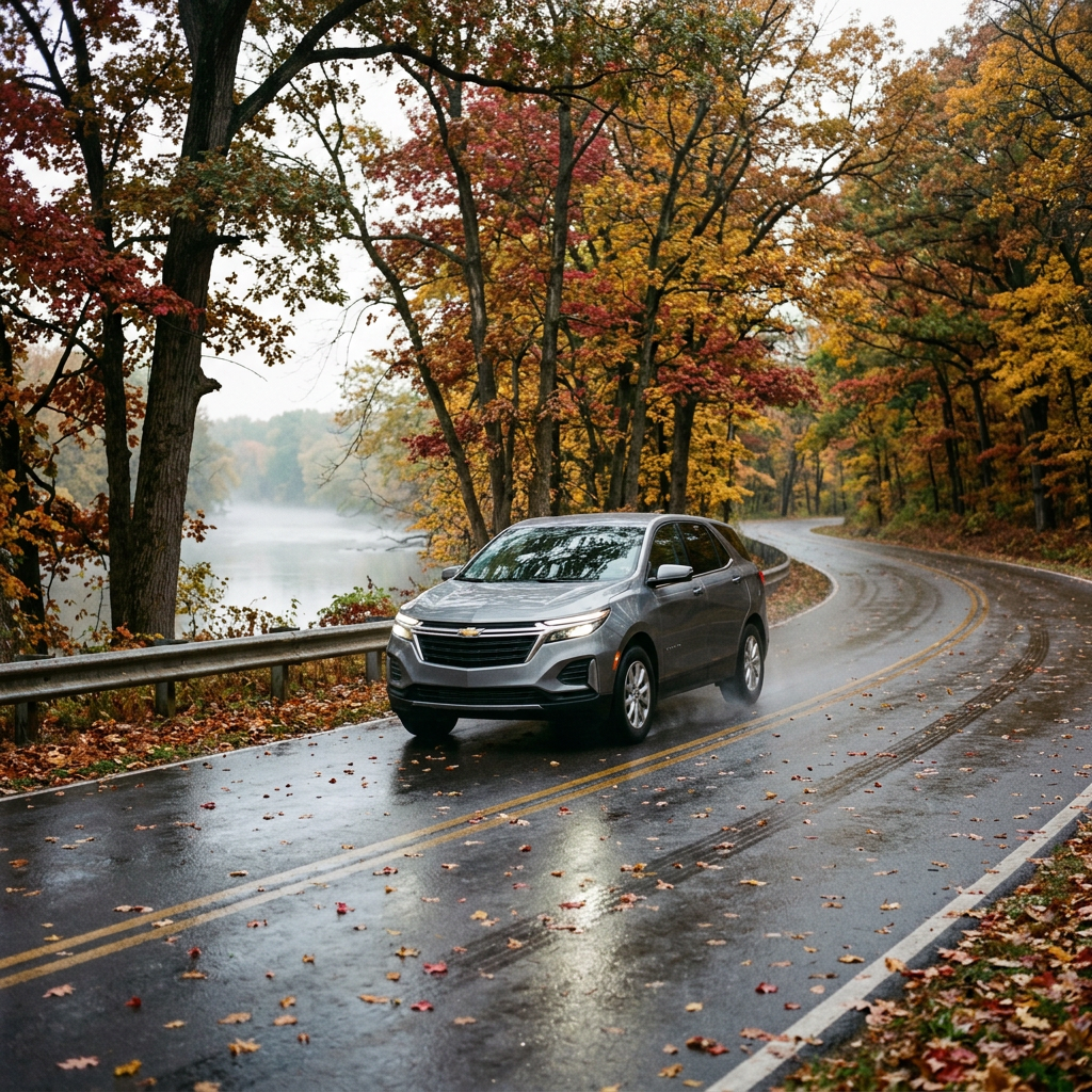 A silver SUV driving along a wet curved road through a dense forest with vibrant autumn foliage. (Representative image for illustration purposes only. Actual vehicle may vary based on trim and configuration.)