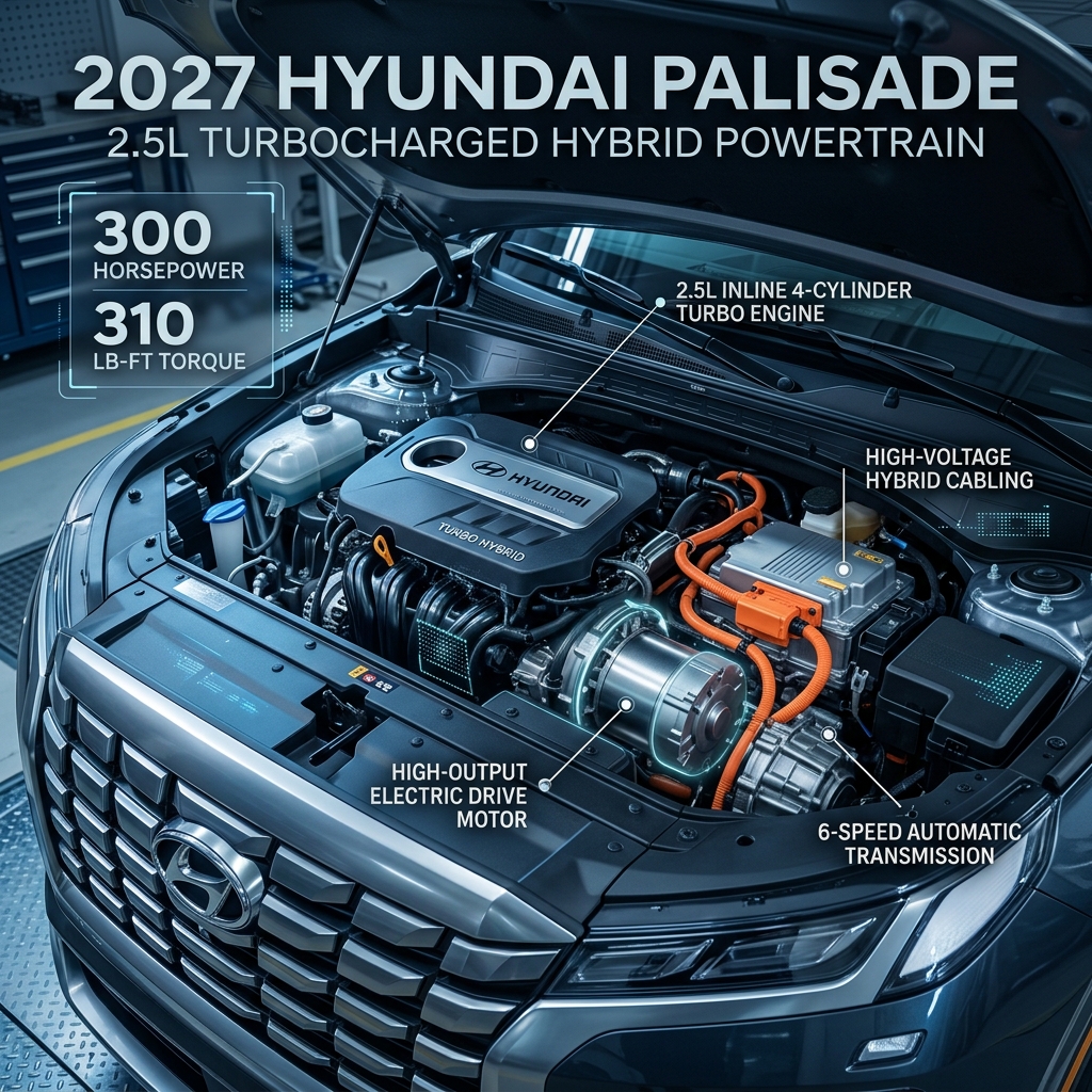 Engine bay infographic of the 2027 Hyundai Palisade 2.5L Turbocharged Hybrid Powertrain with labeled components. (Representative image for illustration purposes only. Actual vehicle may vary based on trim and configuration.)